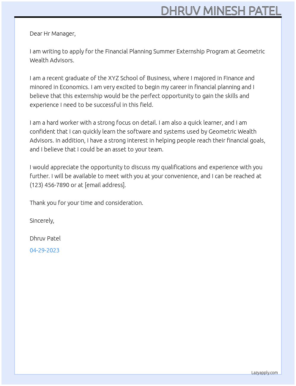 Financial Planning Summer Externship Program At Geometric Wealth Advisors   Cover Letter