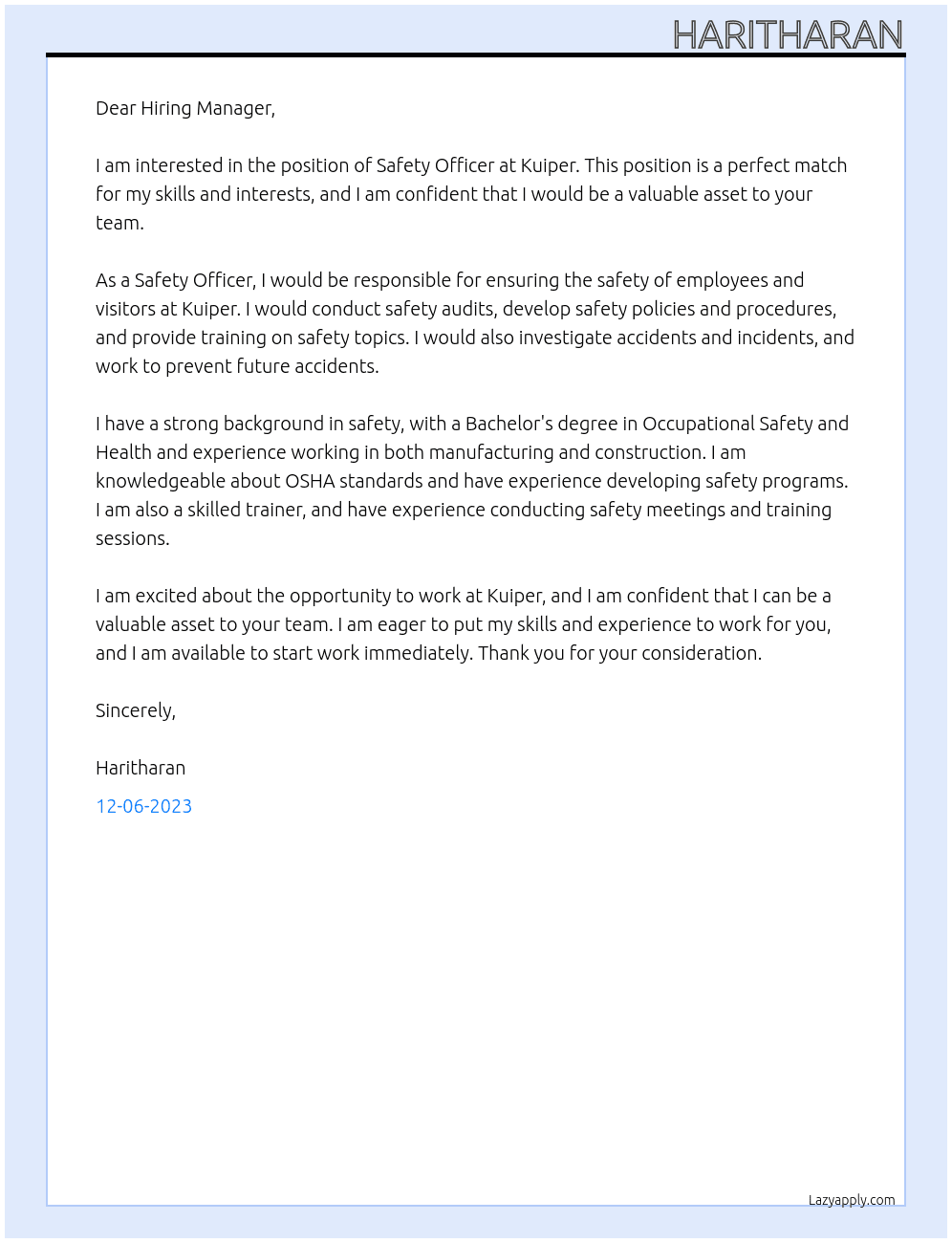 Safety Officer At Kuiper Cover Letter