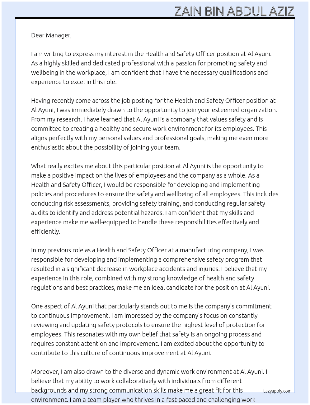 Health and safety officer At Al ayuni Cover Letter