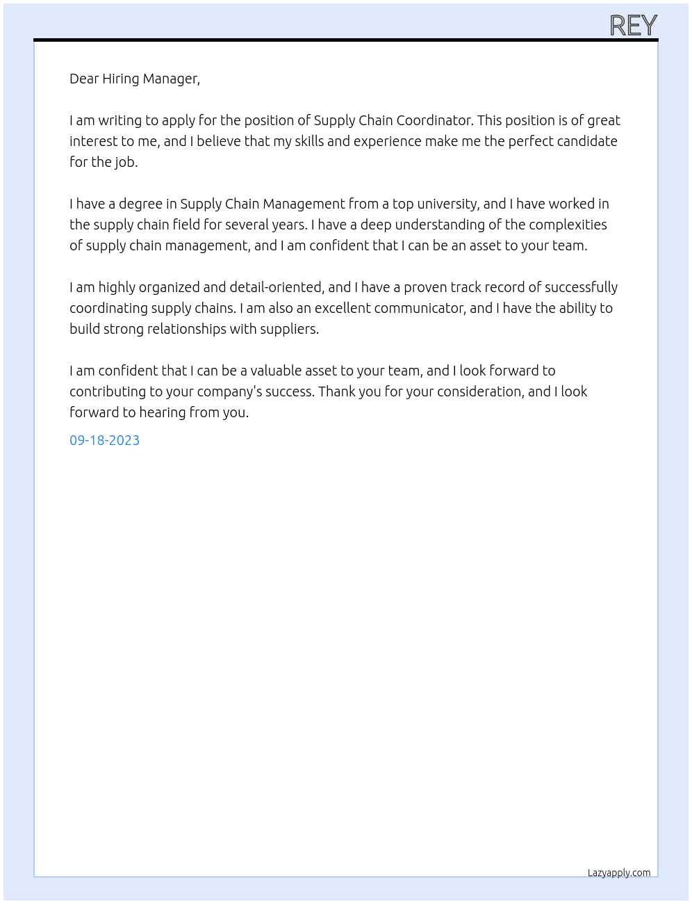 Supply Chain Coordinator At none Cover Letter