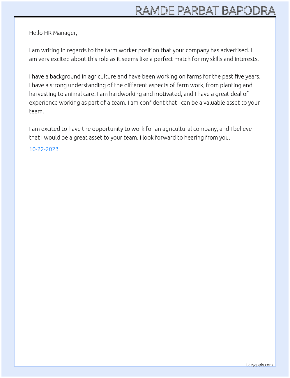 farm worker At agriculture company Cover Letter