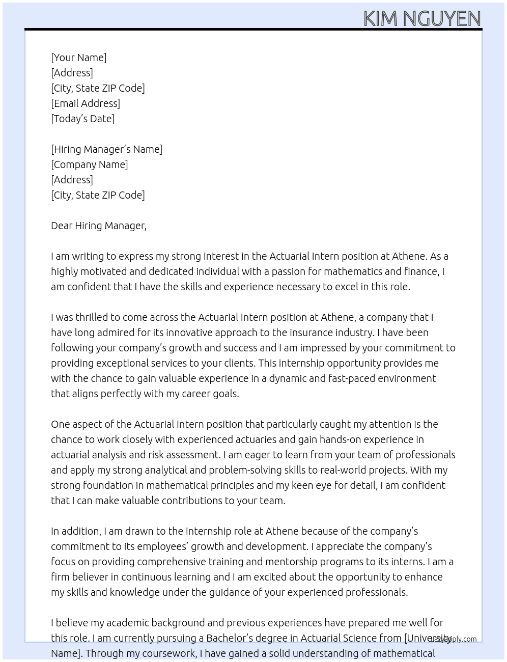 Actuarial Intern At Athene Cover Letter