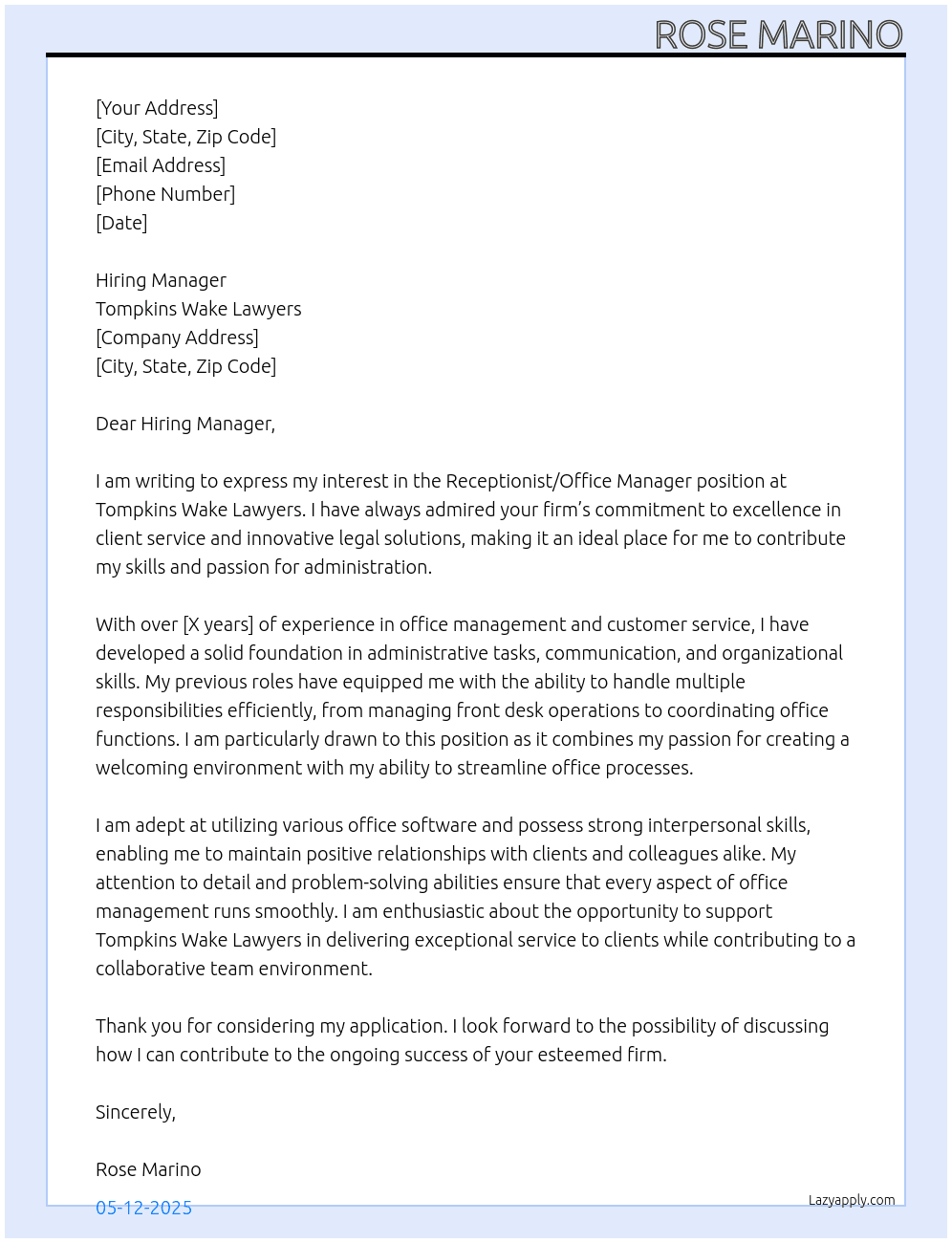 Cover letter for receptionist / office manager - LazyApply