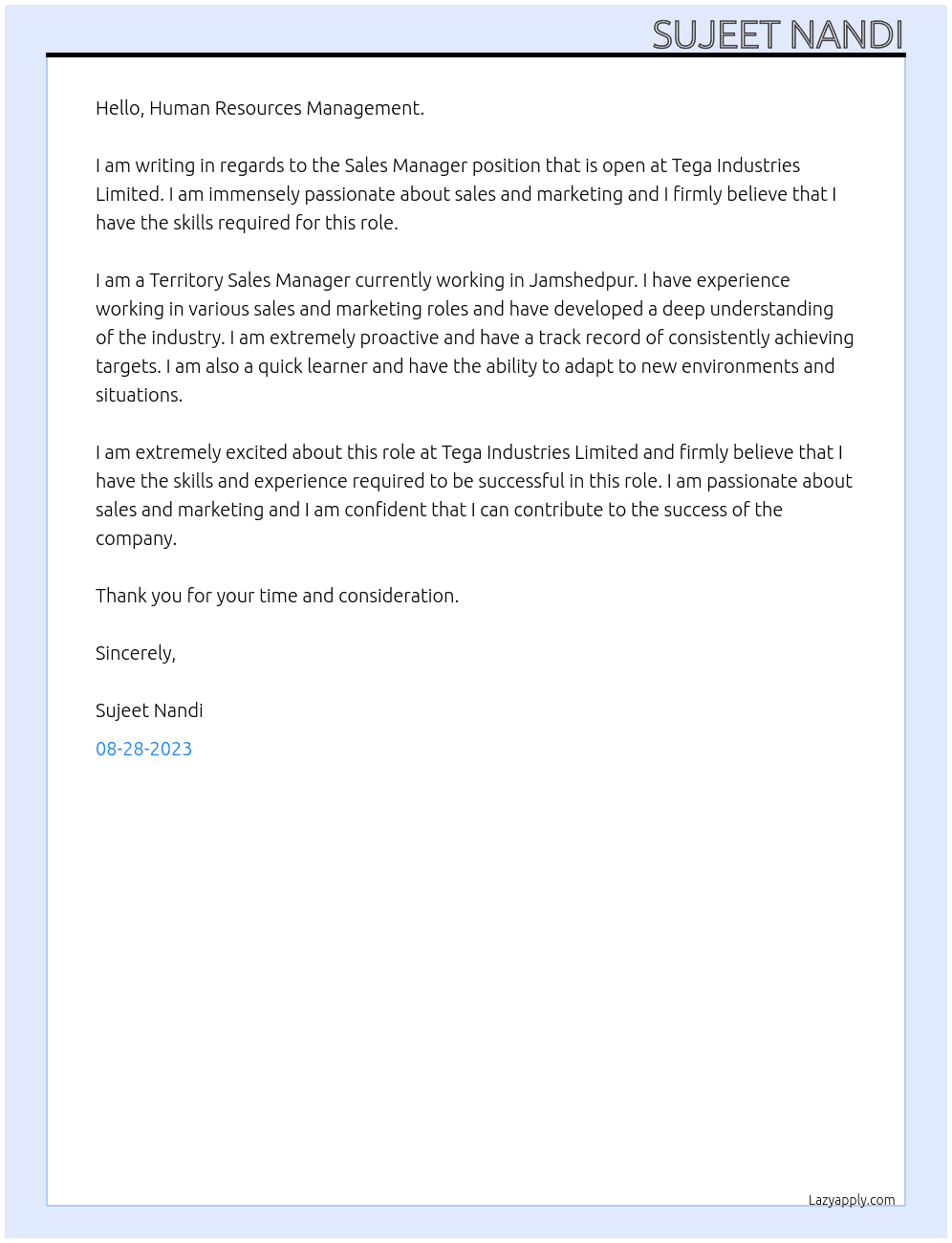Sales Manager At Tega Industries Limited Cover Letter