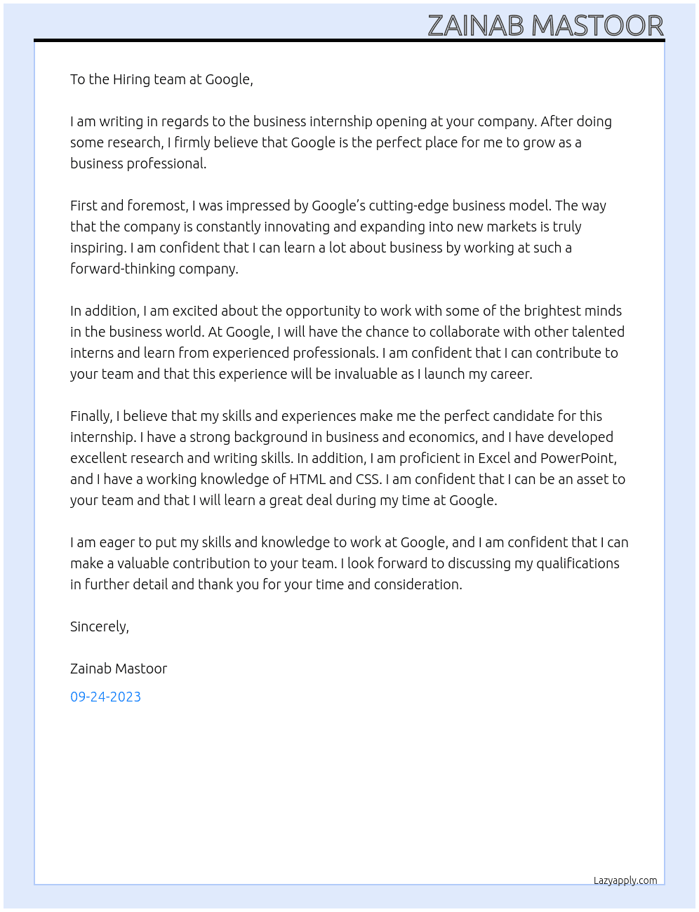 Business internship At Google Cover Letter
