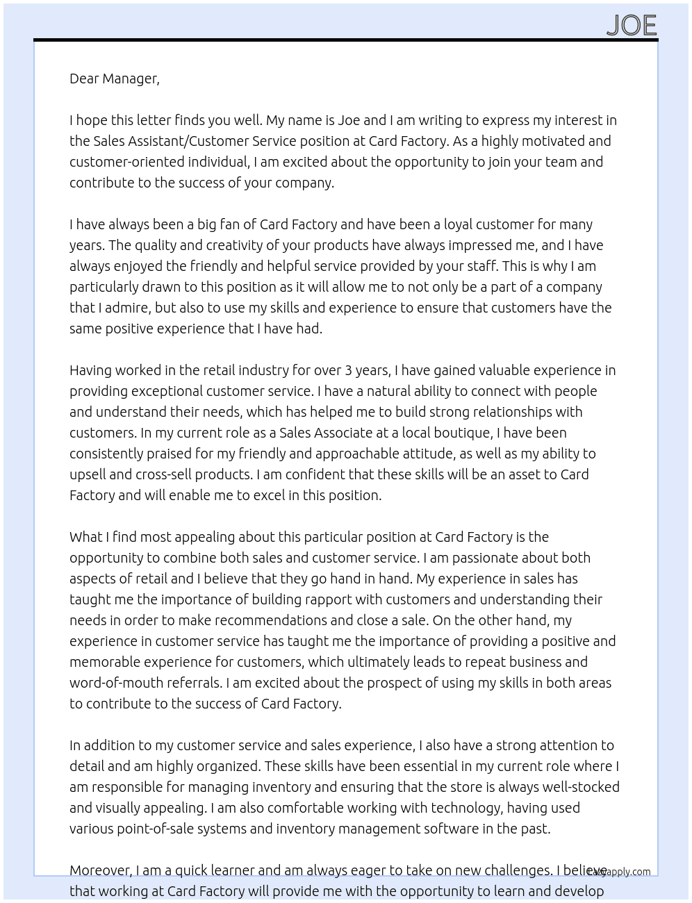Sales assistant/ customer service  At Card factory  Cover Letter