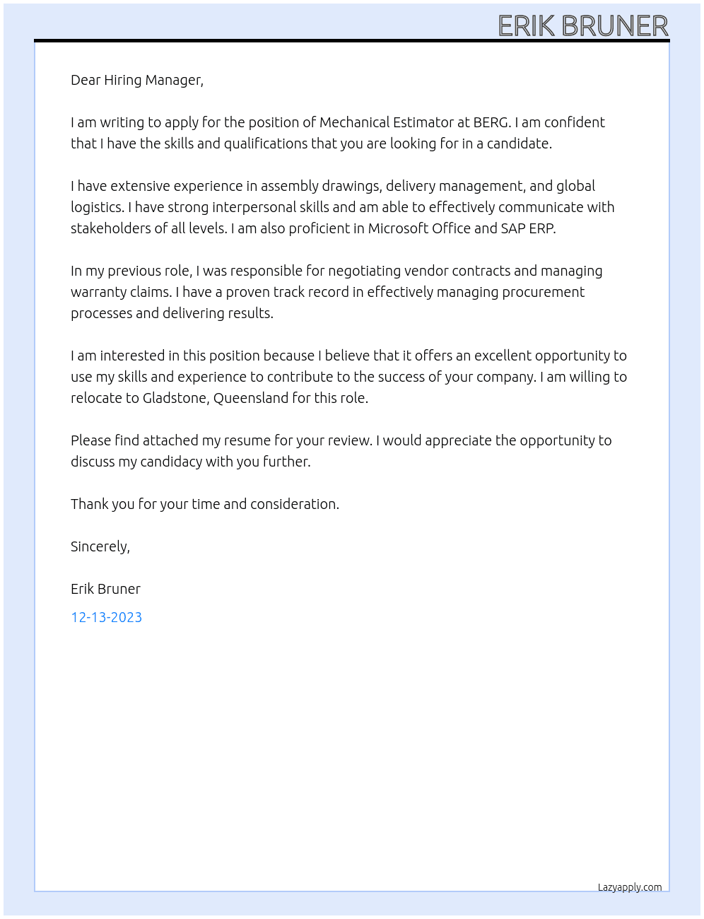 Mechanical Estimator  At BERG Cover Letter