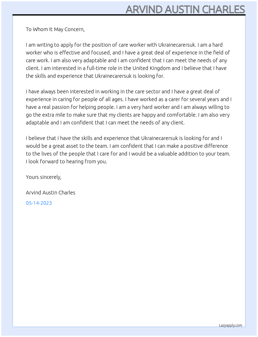 care worker At ukrainecarersuk Cover Letter