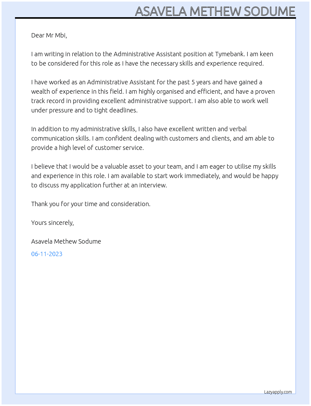 Administrative Assistant At Tymebank Cover Letter