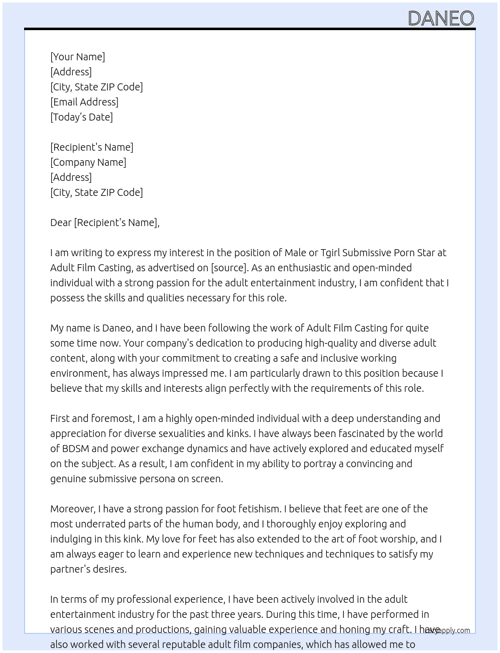Male or tgirl  submissive Porn star ,  At Adult film casting Cover Letter