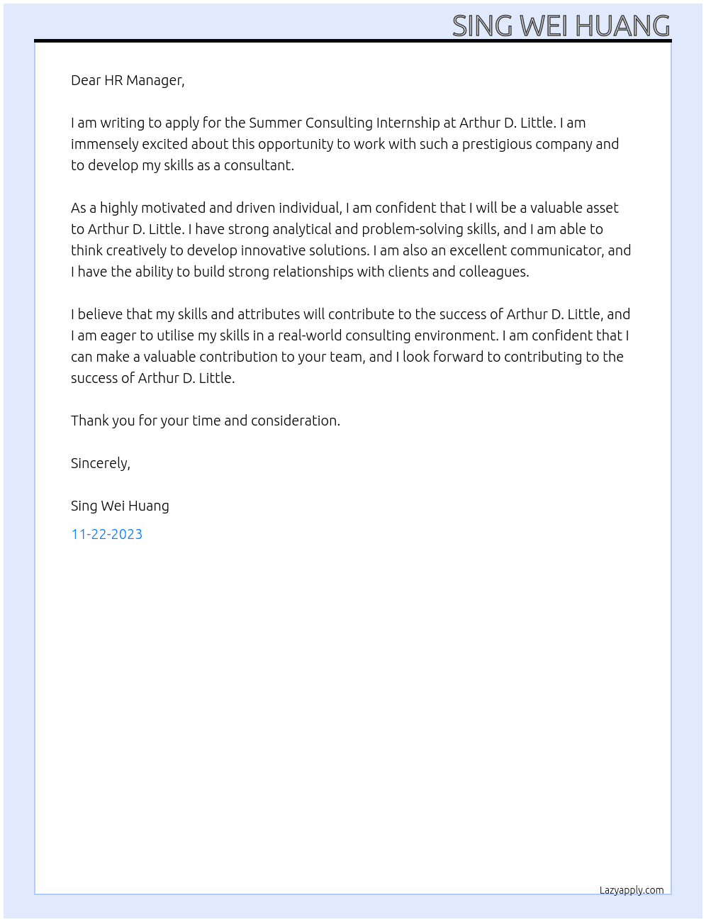 Summer Consulting Internship At Arthur D. Little  Cover Letter