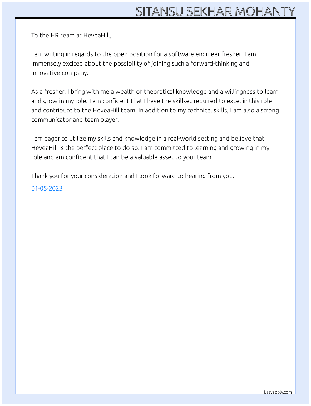 Software Engineer Fresher At HeveaHill Cover Letter