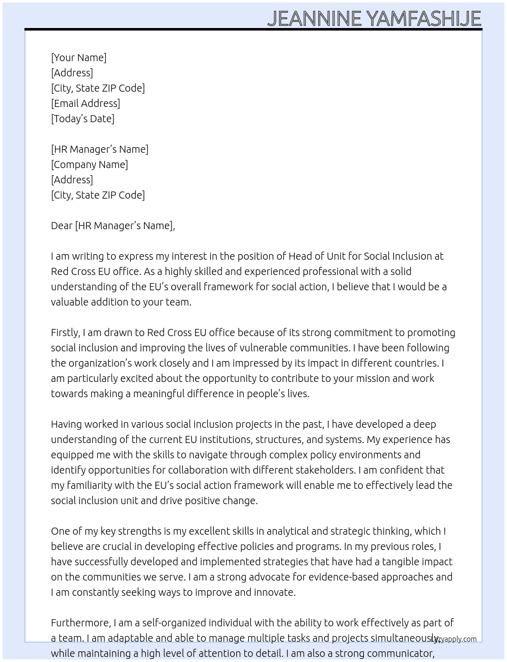 Head of Unit, social inclusion At Red Cross  EU office Cover Letter
