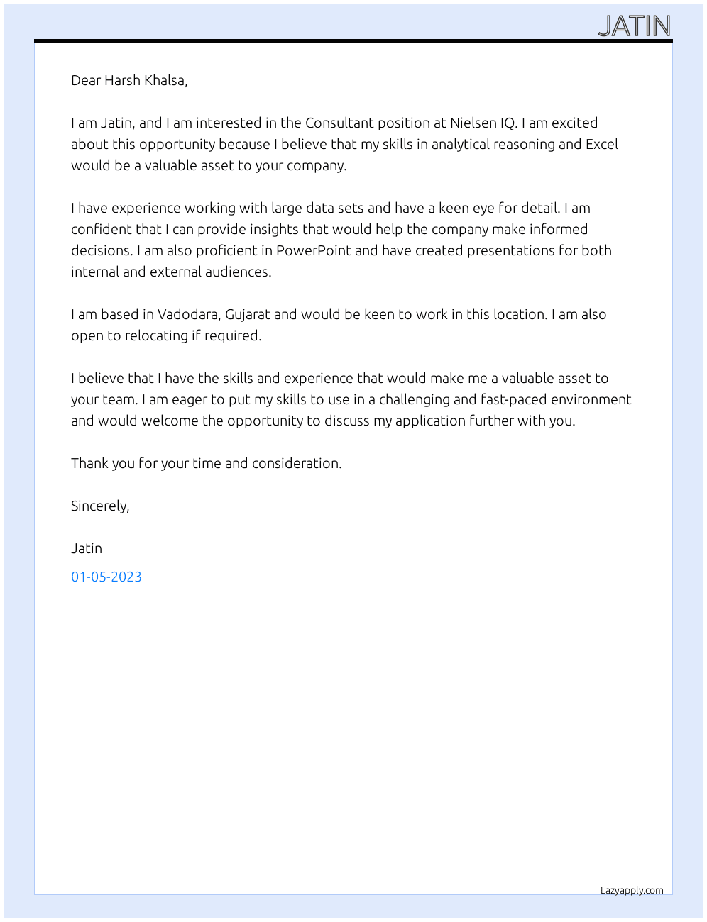 Consultant At Nielsen IQ Cover Letter