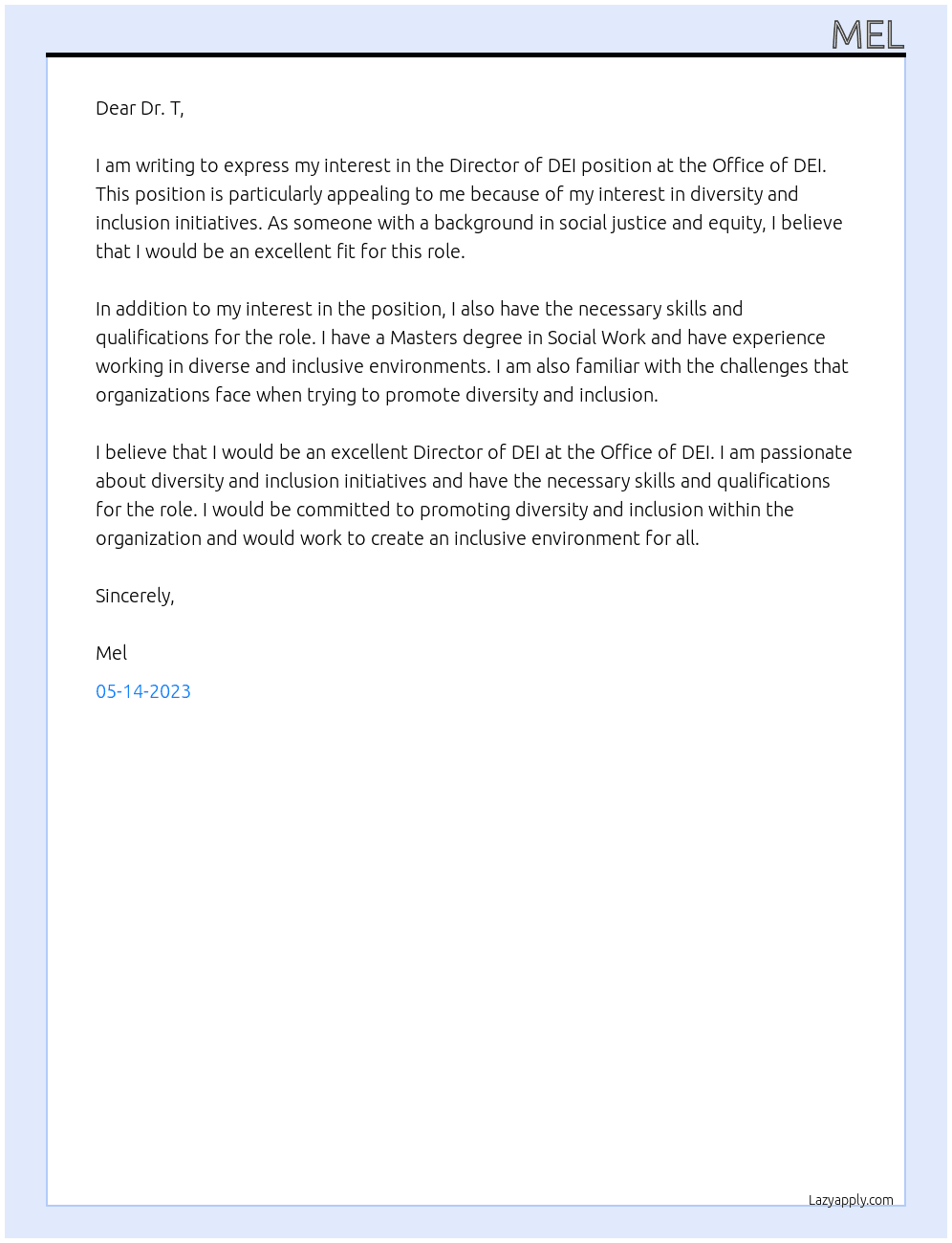 Director if DEI At Office of DEI Cover Letter