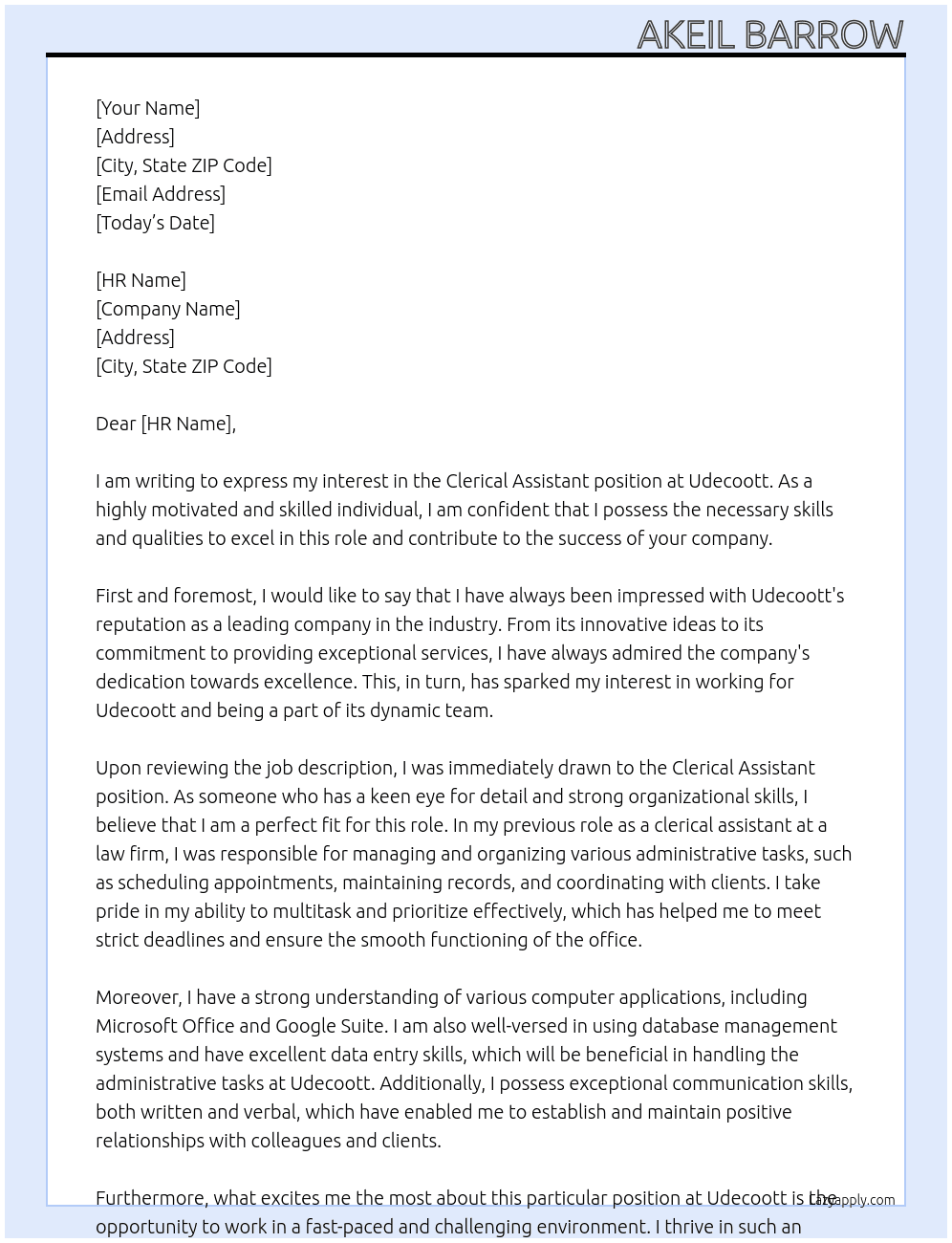 clerical assistant At udecoott Cover Letter