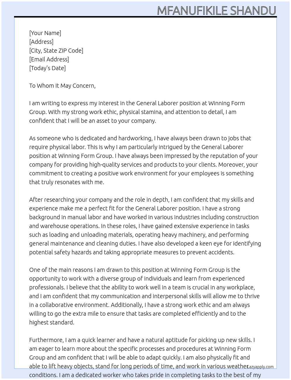 General Laborer At Winning Form Group Cover Letter