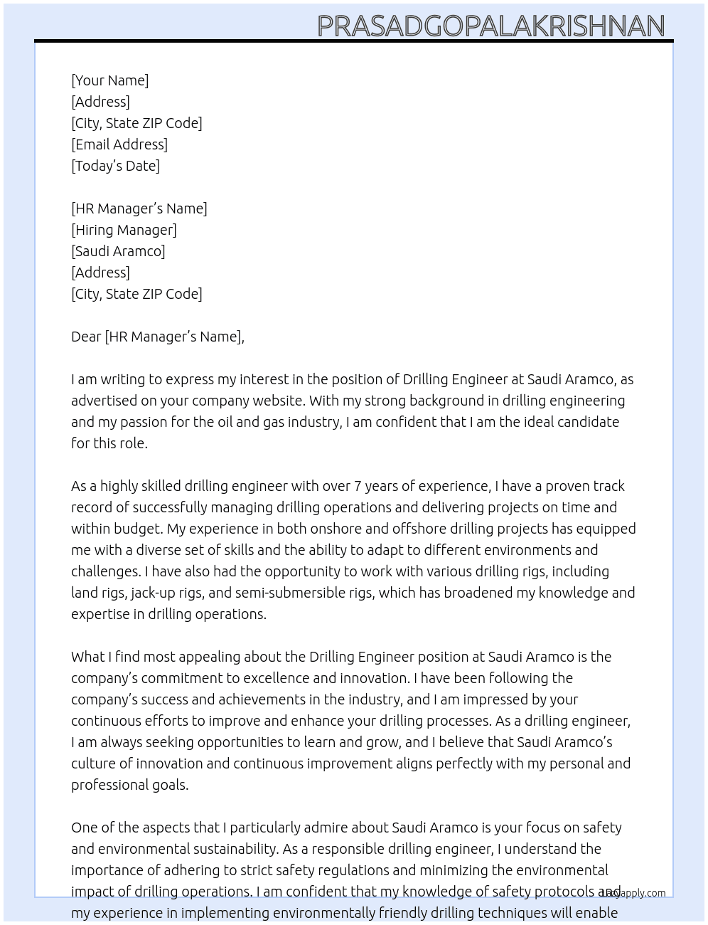 Drilling engineer  At Saudi aramco Cover Letter