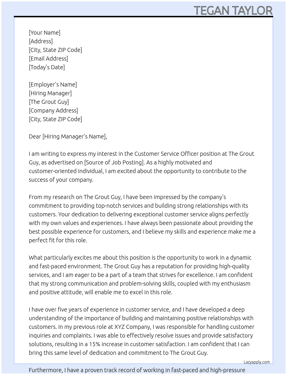 Customer Service Officer At The Grout Guy Cover Letter