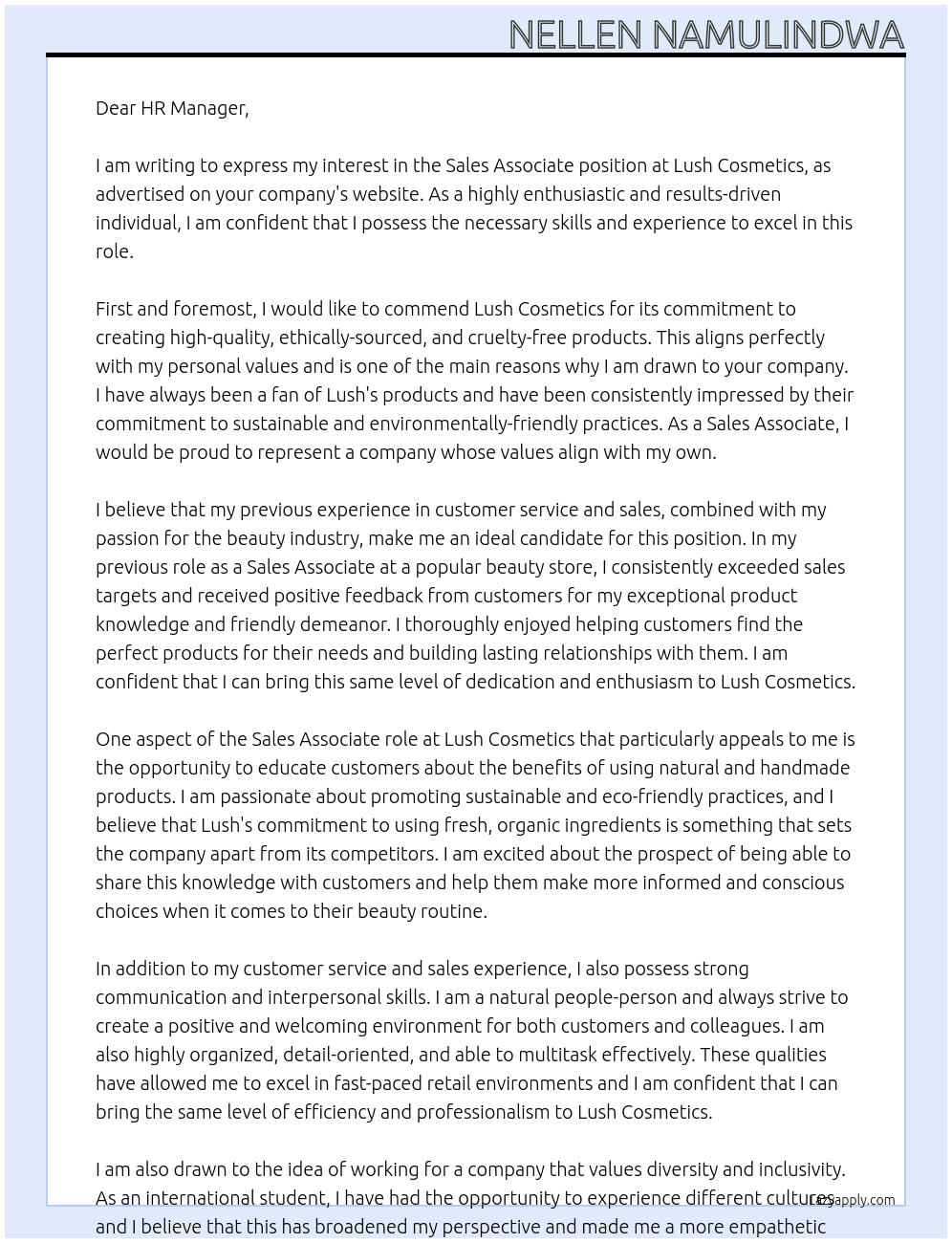 sales associate At Lush Cosmetics Cover Letter