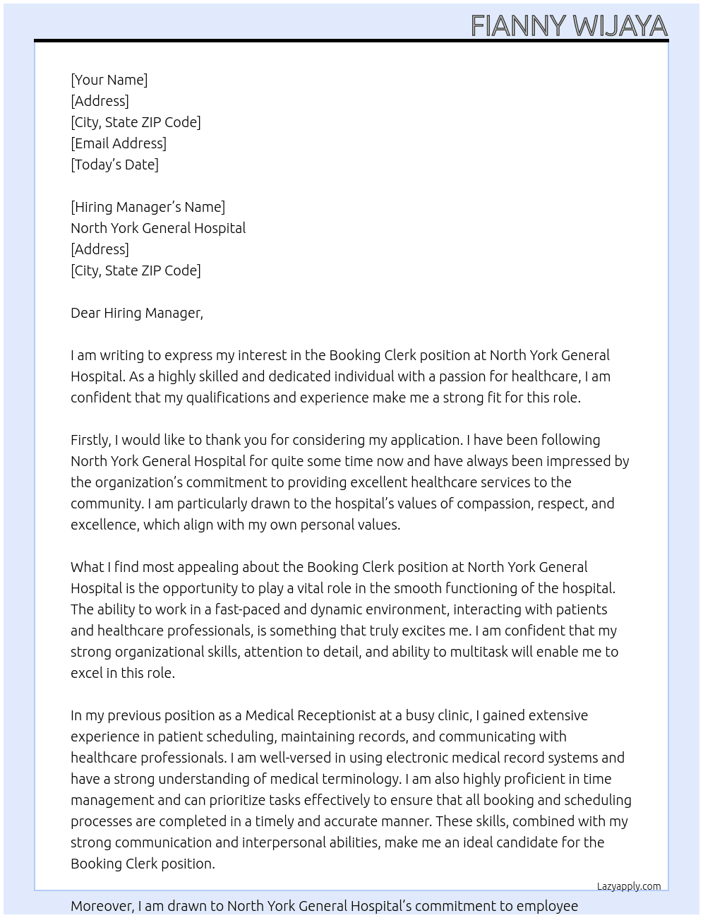 Booking Clerk At North York General Hospital Cover Letter