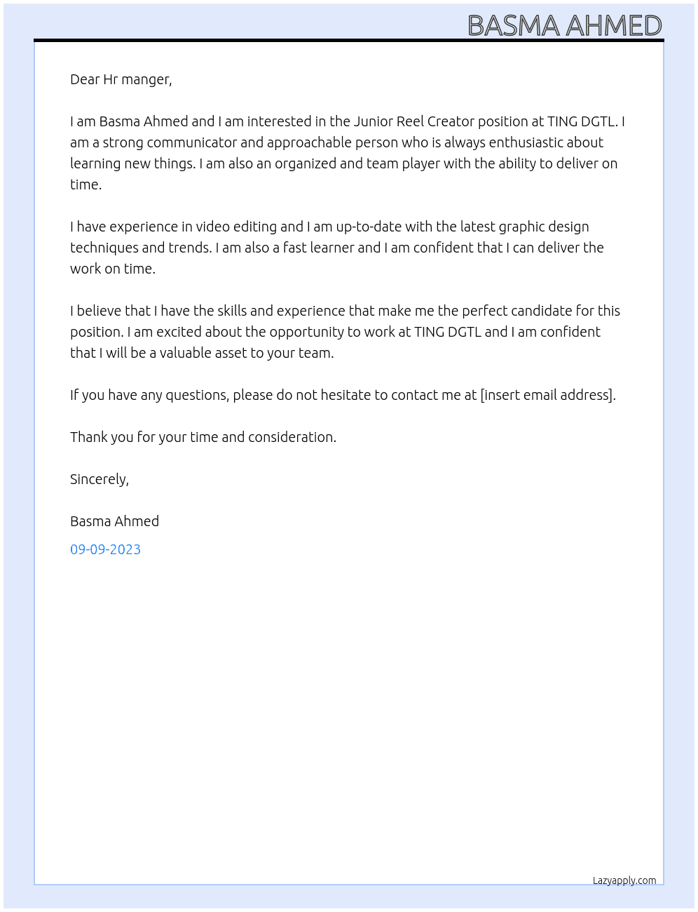 Junior Reel Creator At TING DGTL  Cover Letter