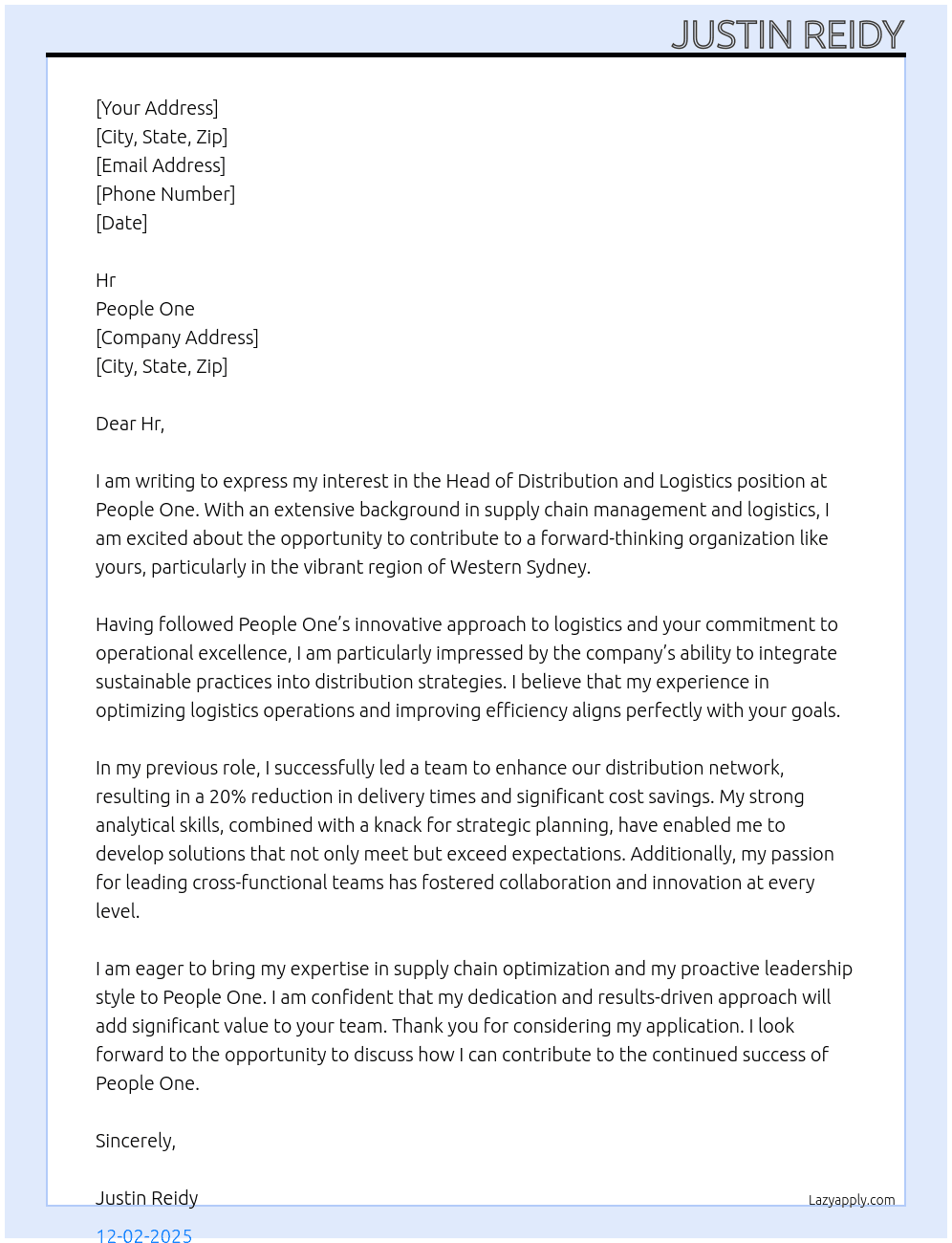 Head of Distribution and Logistics  At People One Cover Letter