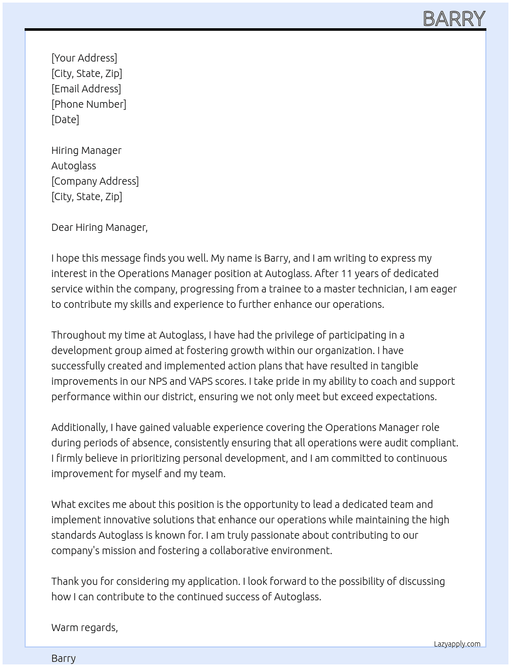 Operations manager At Autoglass Cover Letter