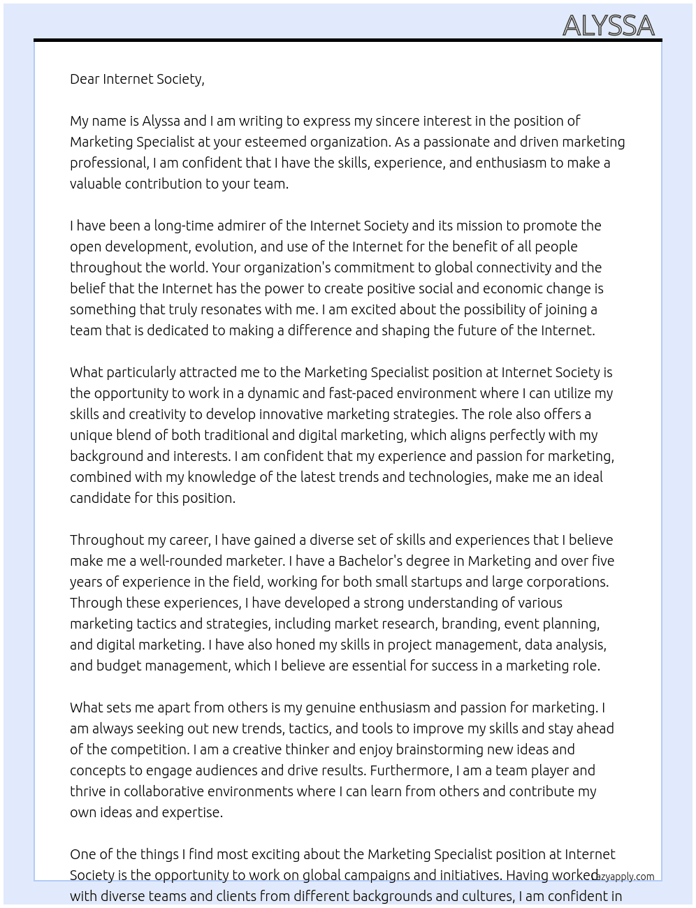 Marketing Specialist  At Internet Society  Cover Letter