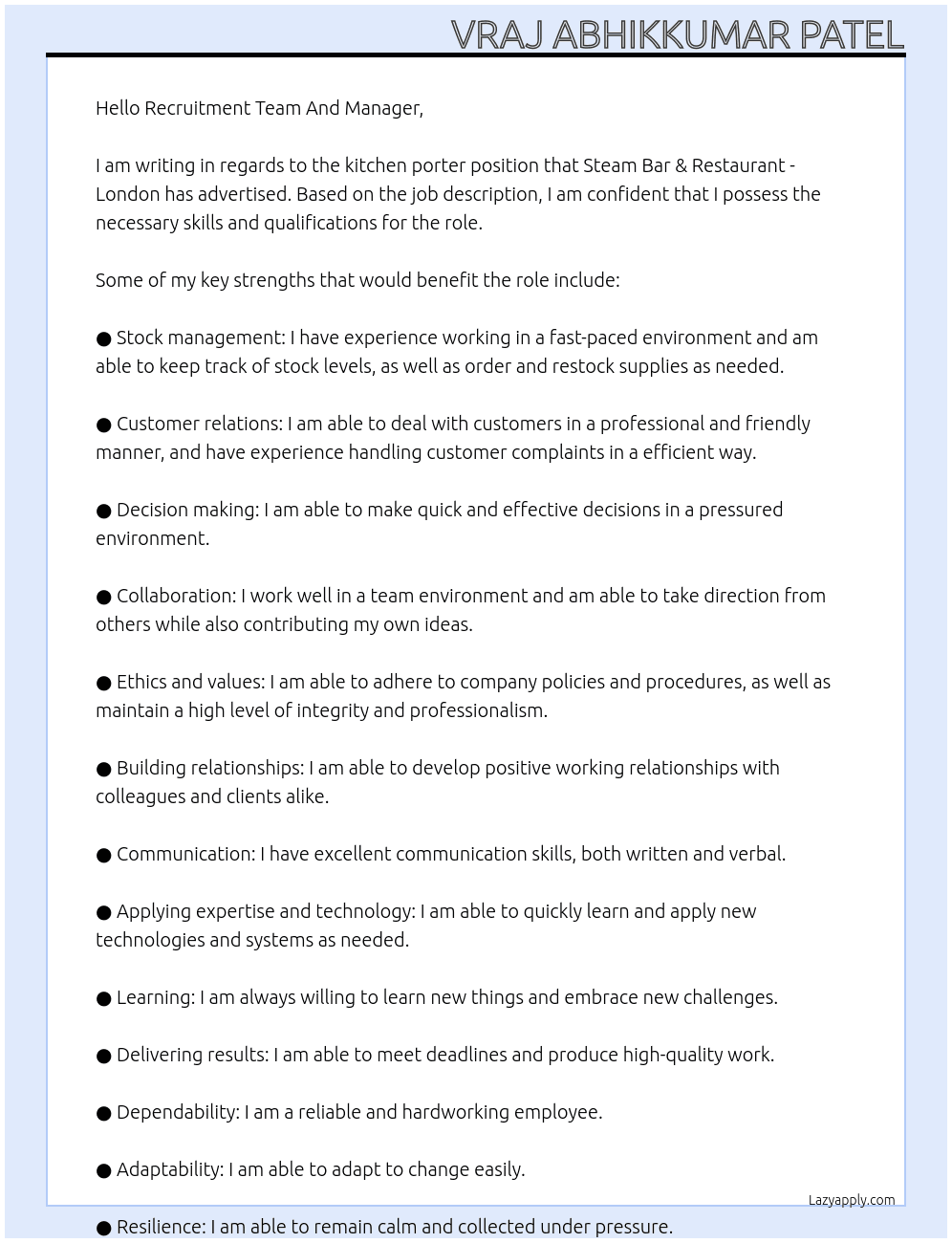 Kitchen Porter At Steam Bar & Restaurant - London Cover Letter