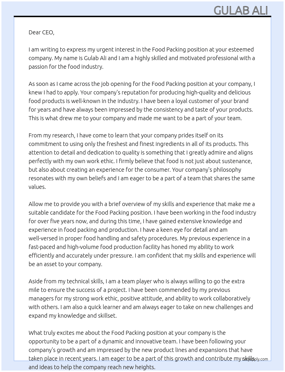 Food packing  At Any  Cover Letter
