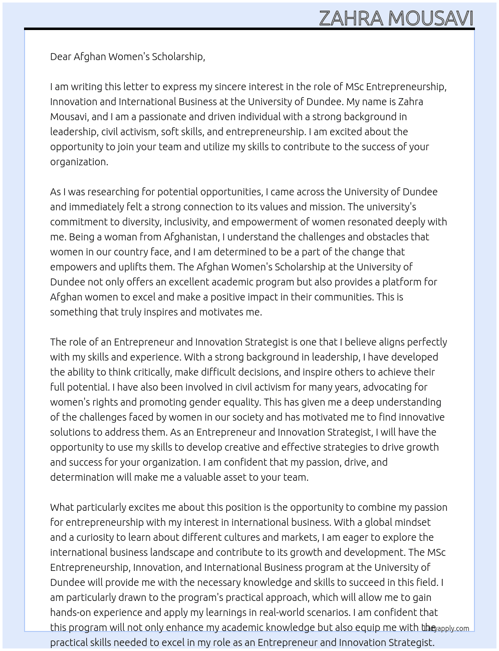MSc Entrepreneurship, Innovation and International Business At University of Dundee Cover Letter
