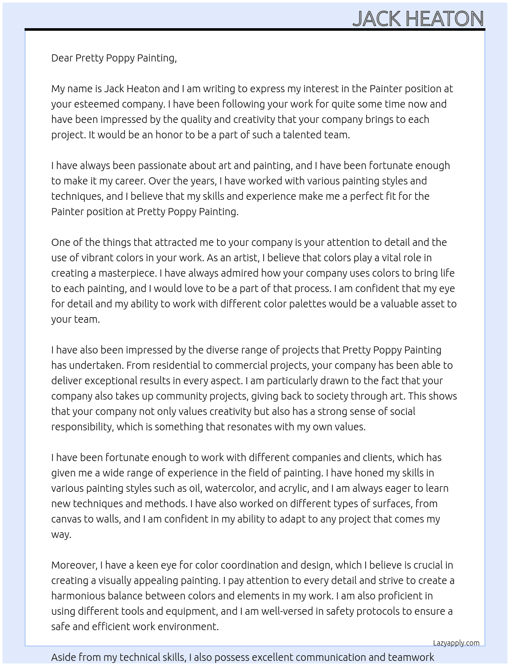 Painter At Pretty Poppy Painting Cover Letter