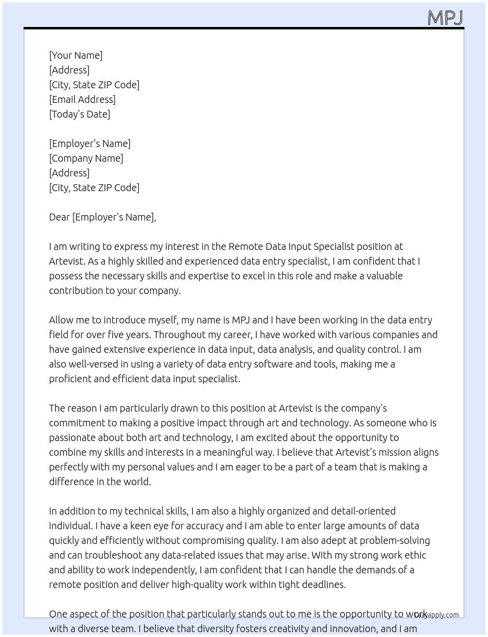 Remote Data Input Specialist  At Artevist Cover Letter