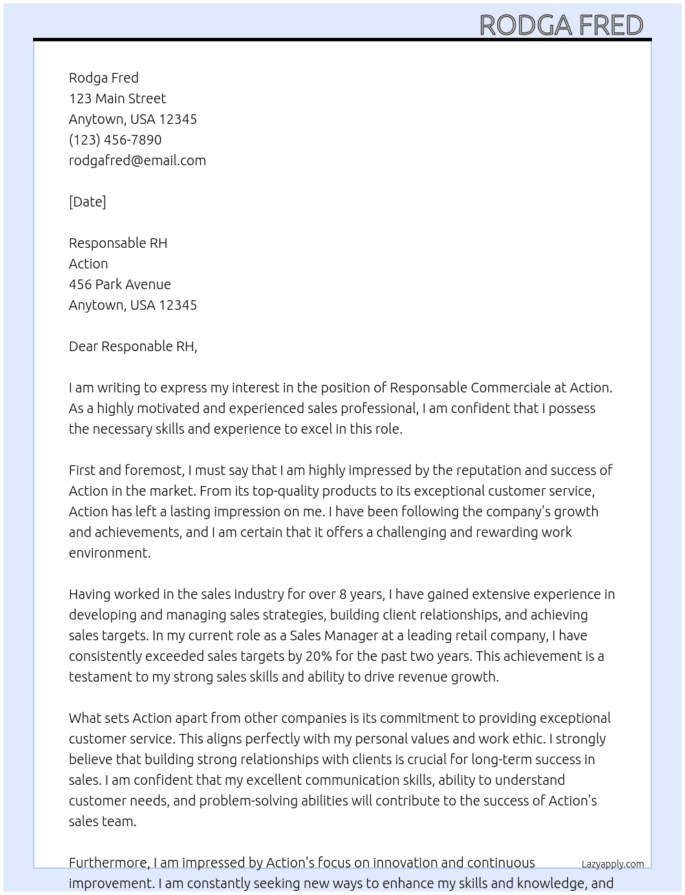 responsable commerciale  At action  Cover Letter