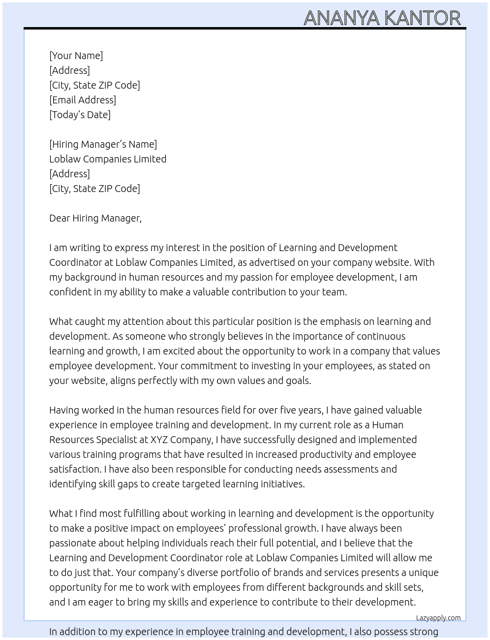 Learning and Development Coordinator At Loblaw Companies Limited Cover Letter