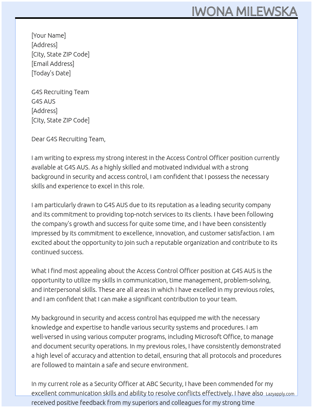 Access Control Officer At G4S AUS Cover Letter