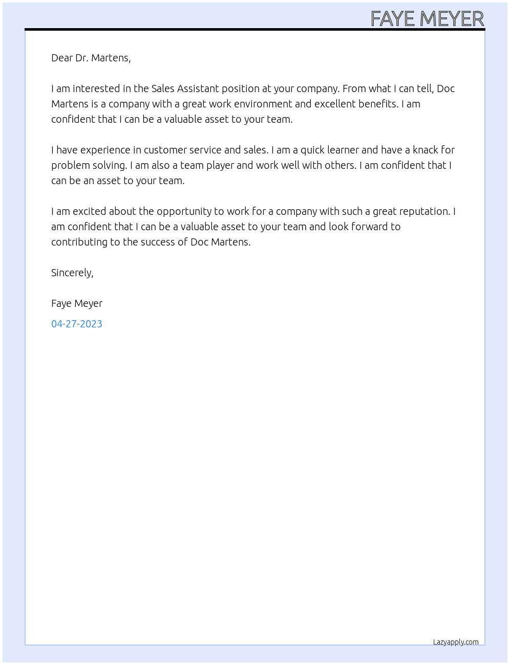 Sales Assistant  At Doc Martens Cover Letter