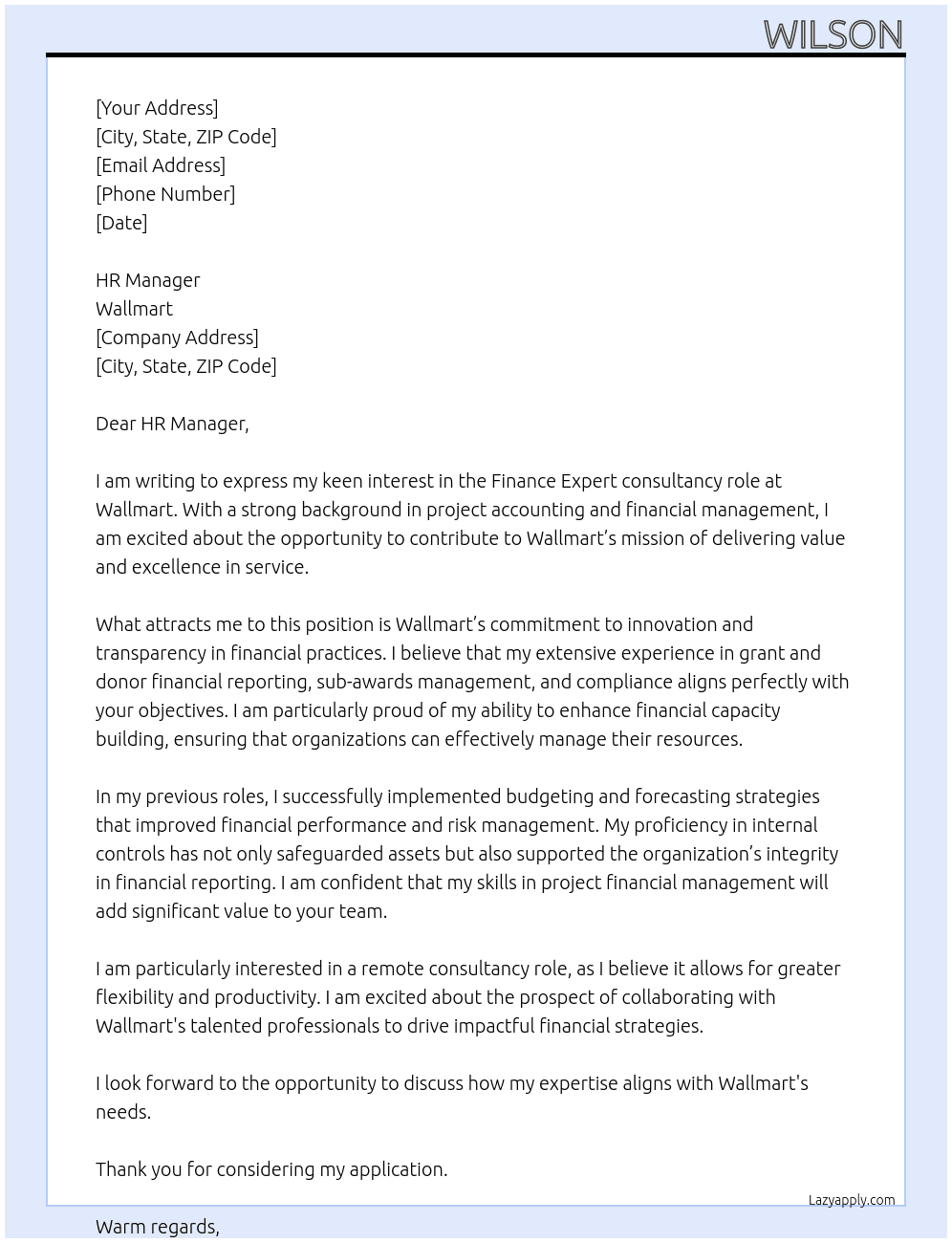Finance Expert At Wallmart Cover Letter