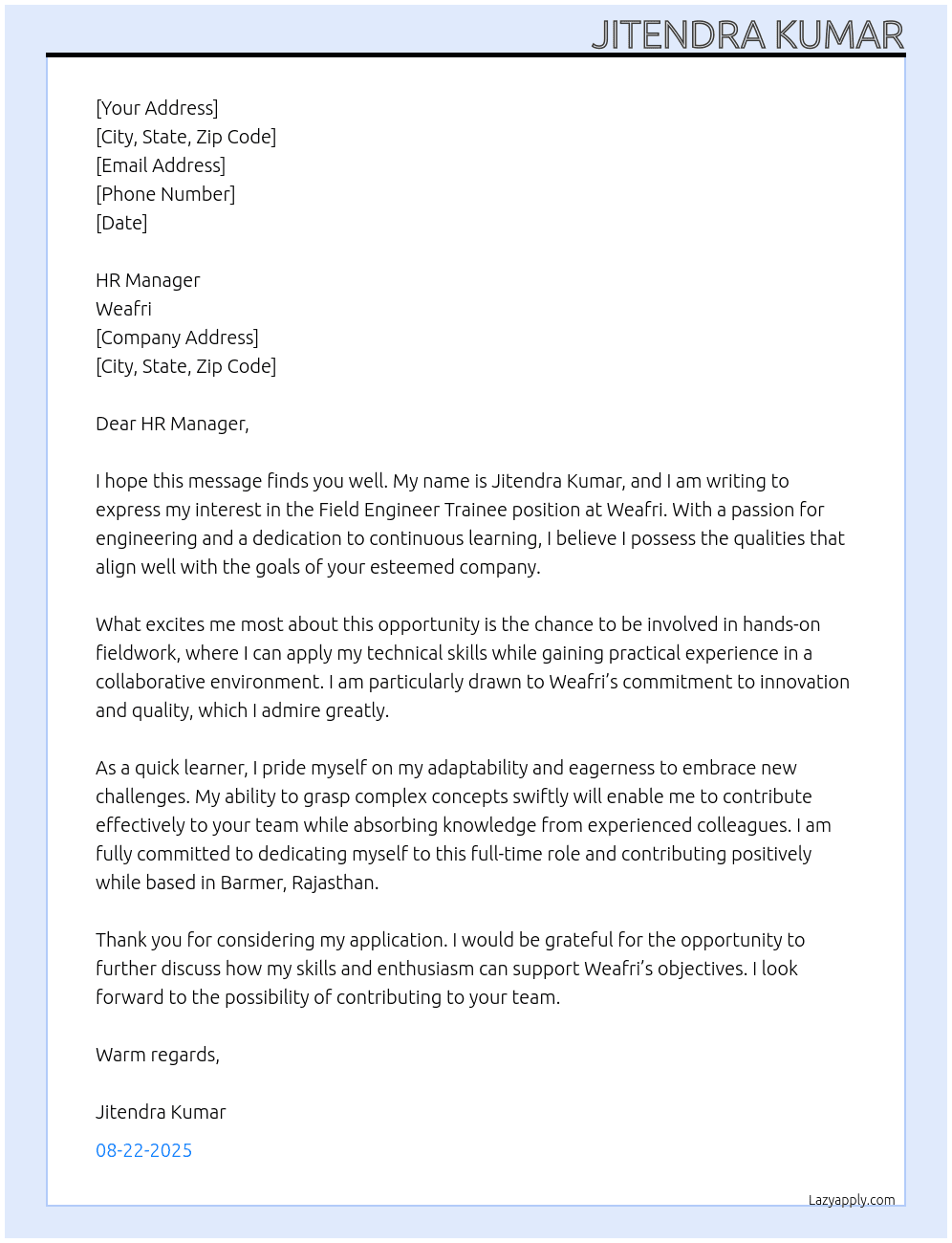 Field Engineer Trainee At Weafri Cover Letter