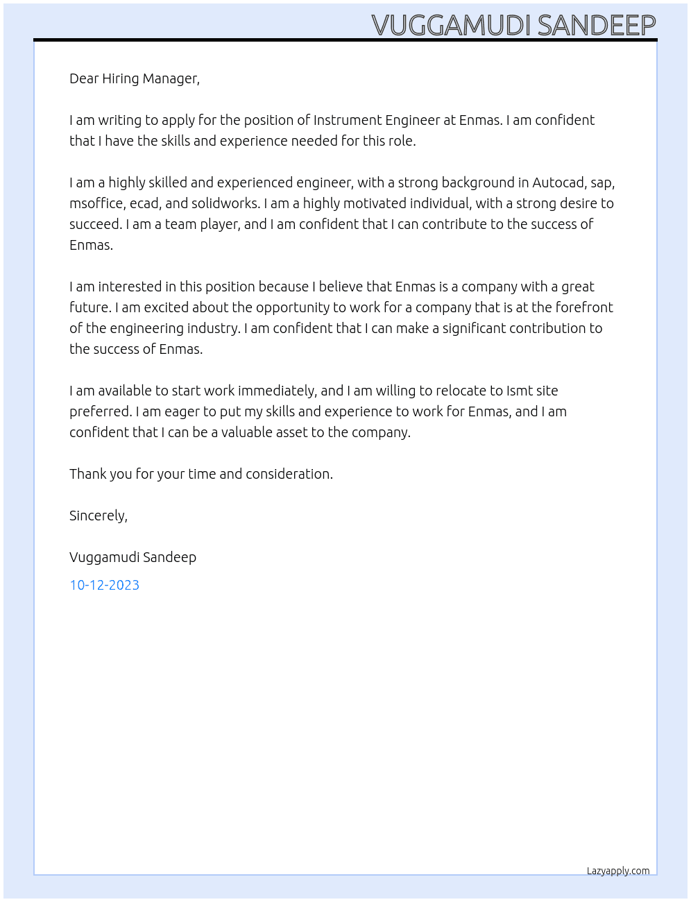 Instrument engineer At Enmas Cover Letter