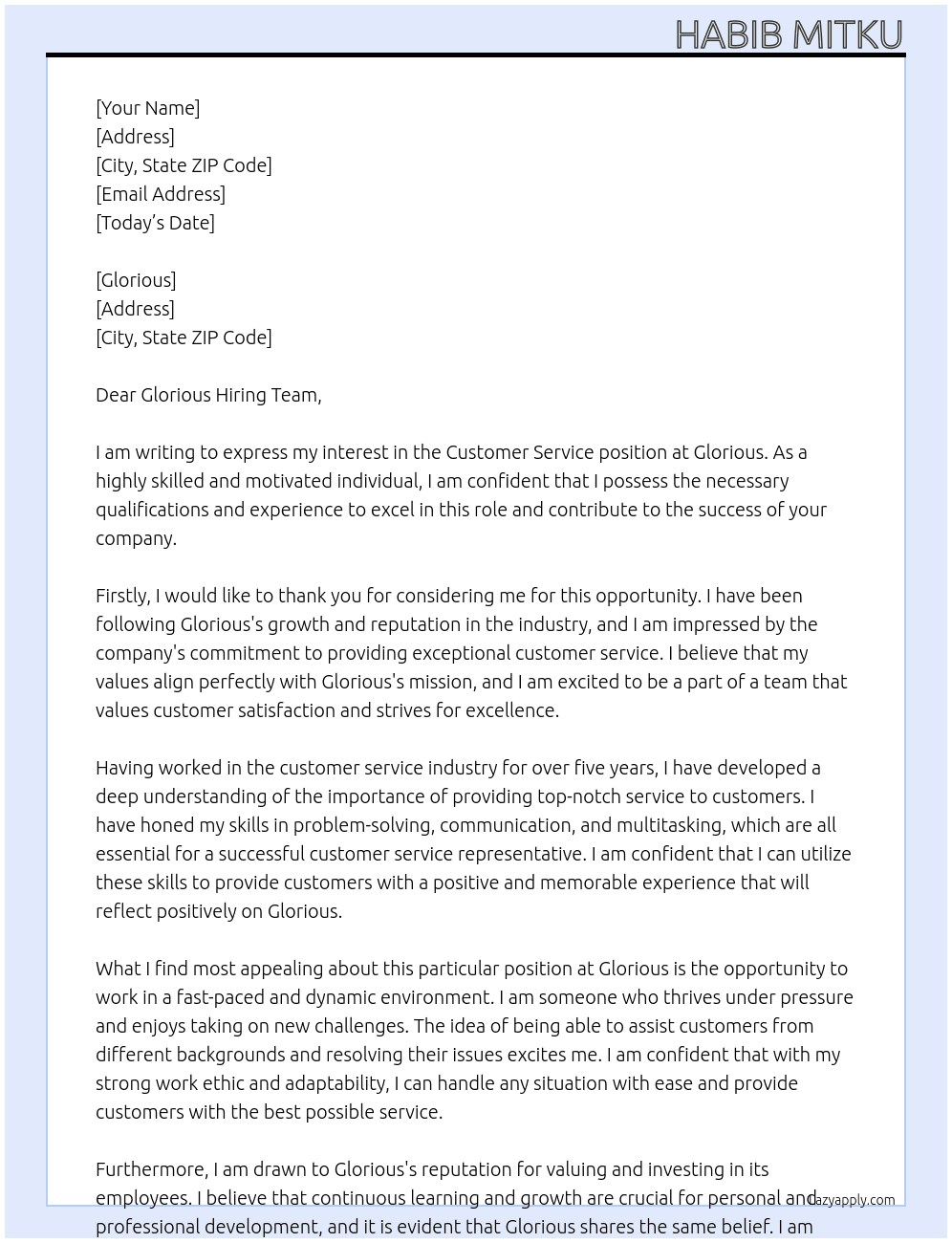 Customer service At Glorious Cover Letter