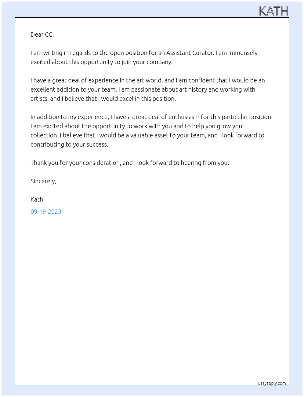 Assistant Curator At CC Cover Letter