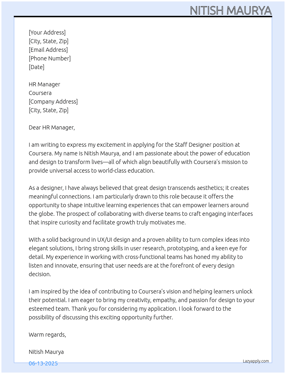 Staff designer At Coursera Cover Letter