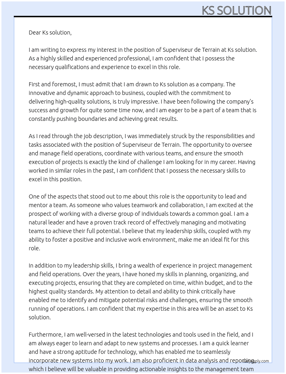 superviseur de terrain At Ks solution Cover Letter