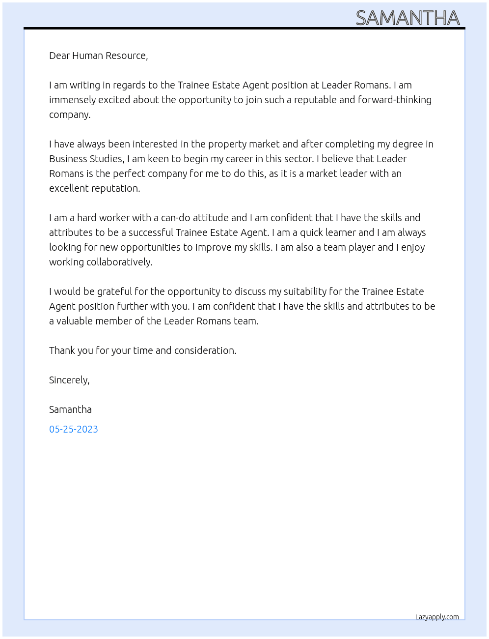 Trainee Estate Agent  At leader Romans Cover Letter