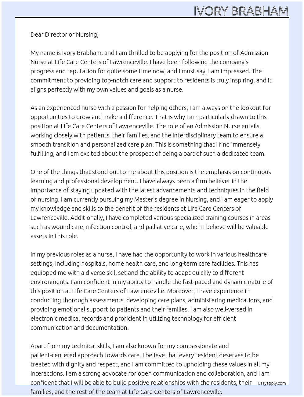 ADMISSION NURSE At LIFE CARE CENTERS OF LAWRENCEVILLE Cover Letter
