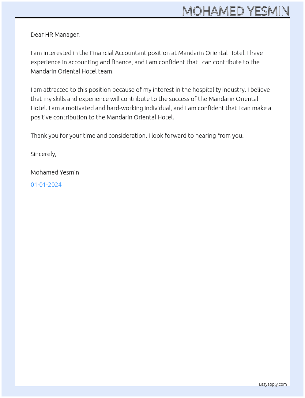 Financial Accountant At Mandarin Oriental Hotel Cover Letter