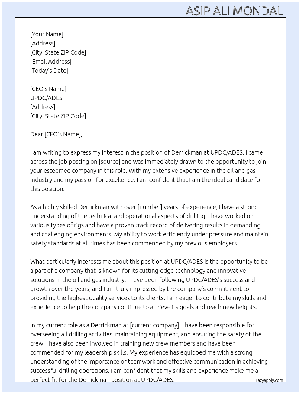 Derrickman At UPDC/ADES  Cover Letter