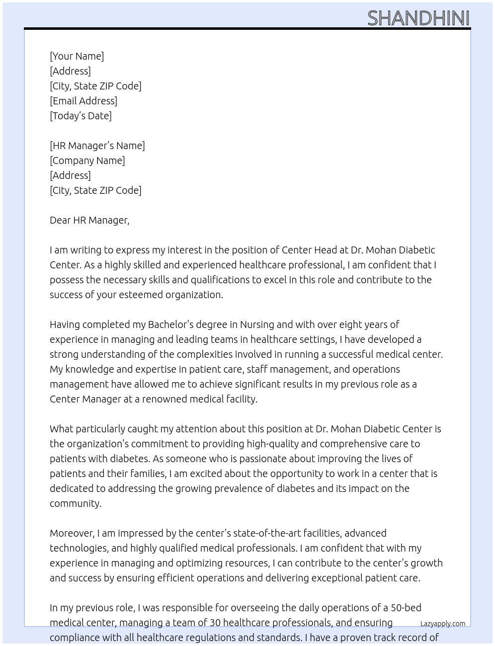 center head At Dr.Mohan diabetic center Cover Letter